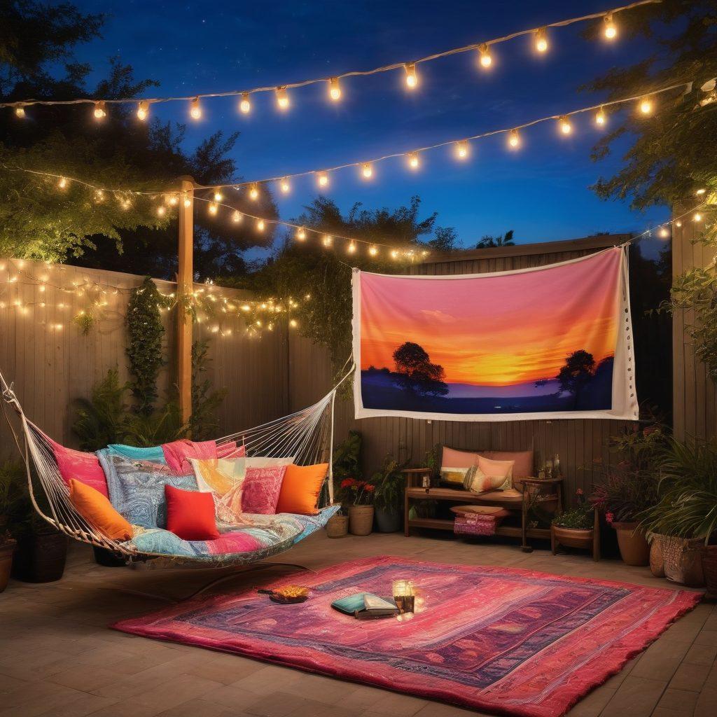 A vibrant summer scene featuring a cozy outdoor setup with a sunbathing area adorned with colorful towels and a hammock, alongside a plush outdoor movie screen displaying a classic film under the stars. Surrounding the area, twinkling fairy lights add a magical touch, while popcorn and drinks sit invitingly on a side table. Emphasize warmth, relaxation, and joy of summer evenings. super-realistic. vibrant colors. evening atmosphere.