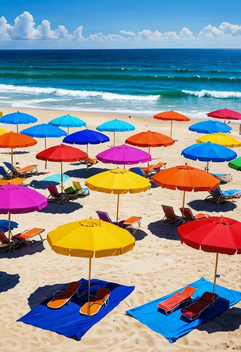 A vibrant beach scene featuring an array of chic bikinis displayed on a sun-kissed sandy shore. Include colorful beach umbrellas, sunbathers lounging under the sun, and playful waves lapping at the beach. The scene should exude a fun, relaxed summer vibe with bright blue skies and splashes of color. super-realistic. vibrant colors. cheerful atmosphere.